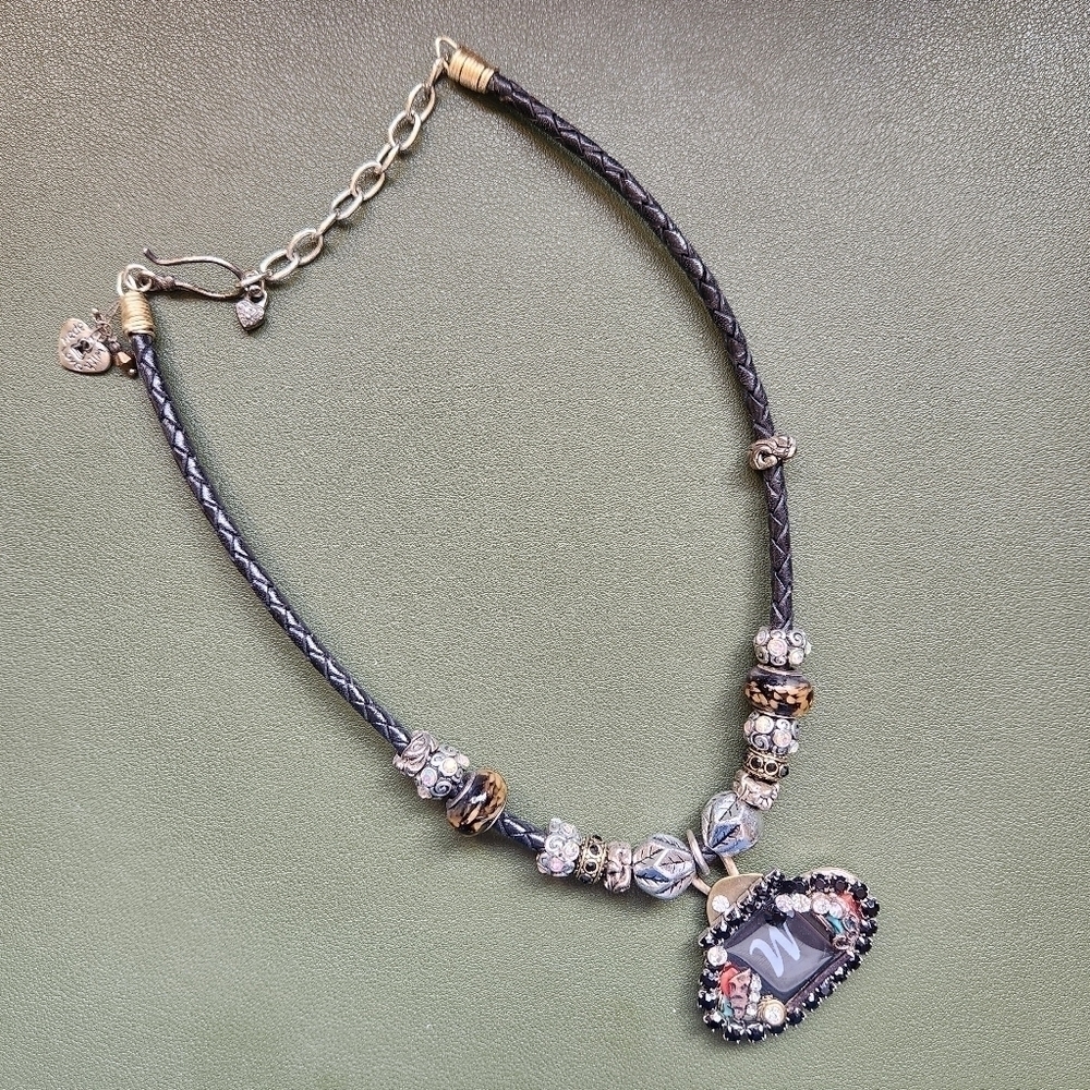 Handmade "W" Initial Necklace on Leather Cord 19 Inches Bohemian Art To Wear - Picture 1 of 9